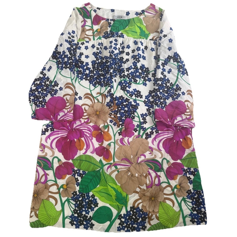Tibi New York 100% Silk Floral Shift Dress Size 6 Colorful Mod Mini Short Sleeve